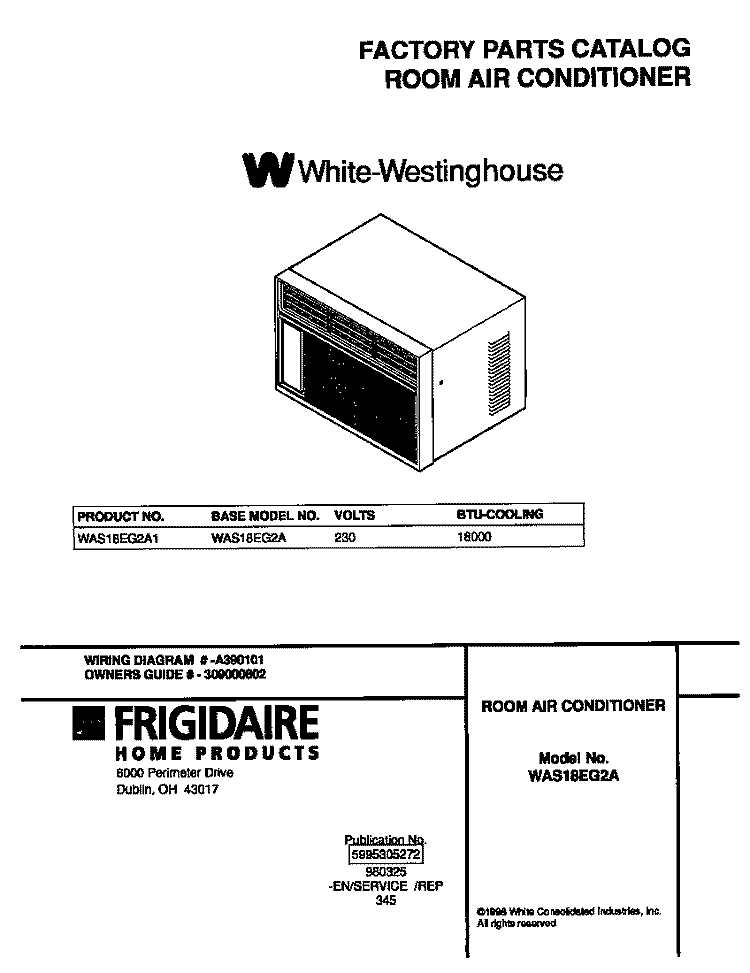 COVER Diagram and Parts List for WAS18EG2A1  Frigidaire Air Conditioner