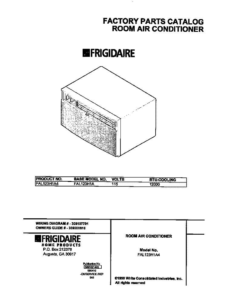COVER Diagram and Parts List for FAL123H1A4  Frigidaire Air Conditioner