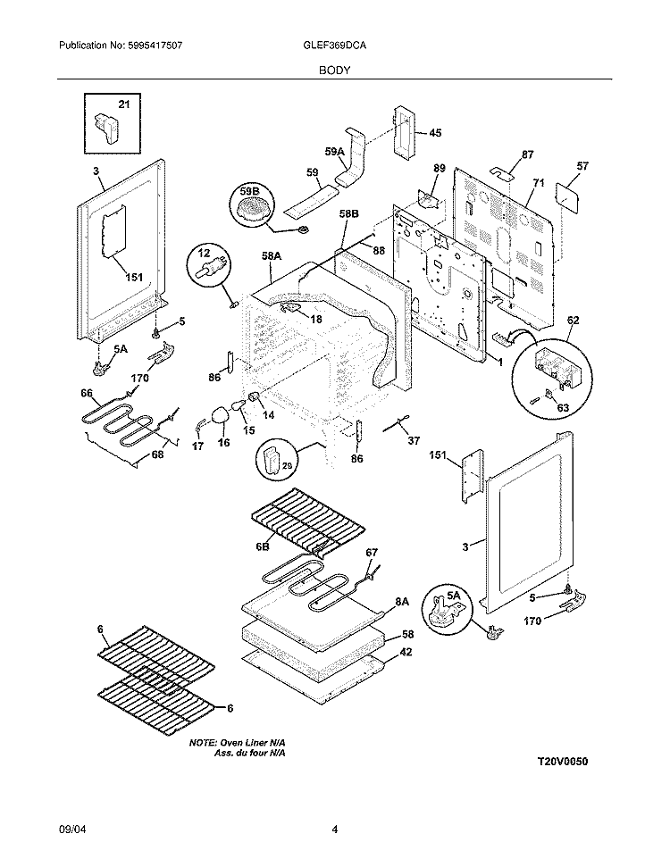 BODY Diagram and Parts List for GLEF369DCA  Frigidaire Range