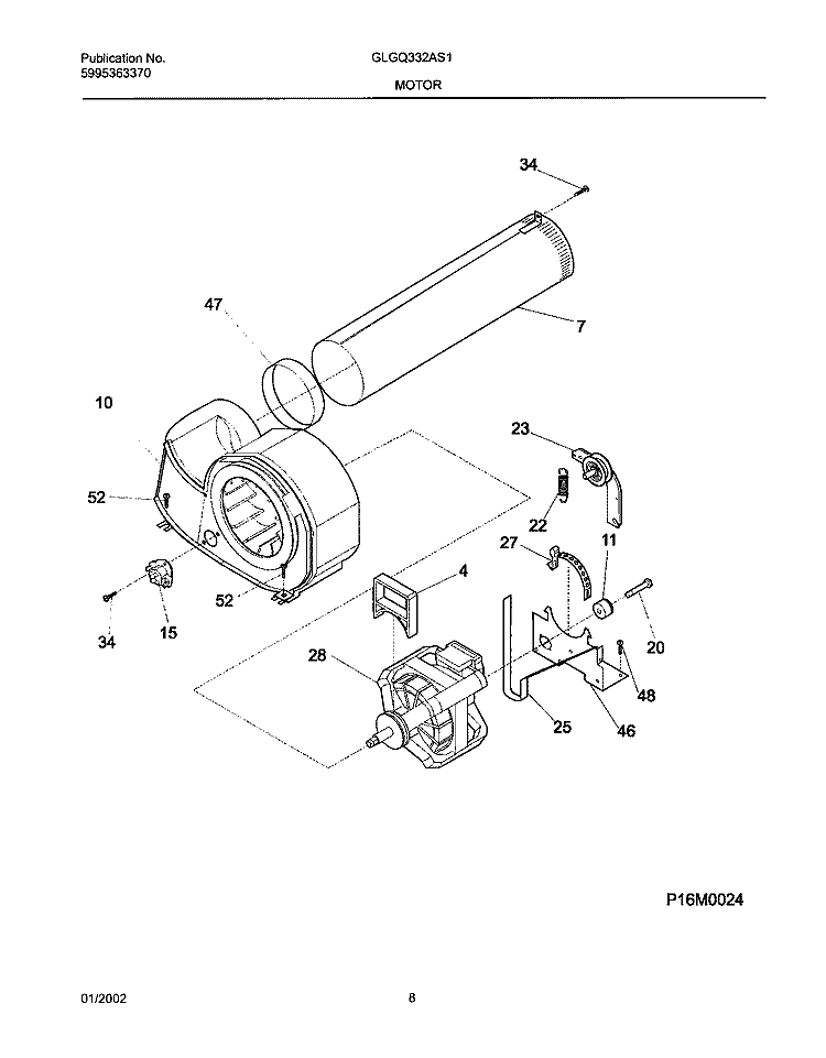 MOTOR, BLOWER Diagram and Parts List for GLGQ332AS1  Frigidaire Dryer