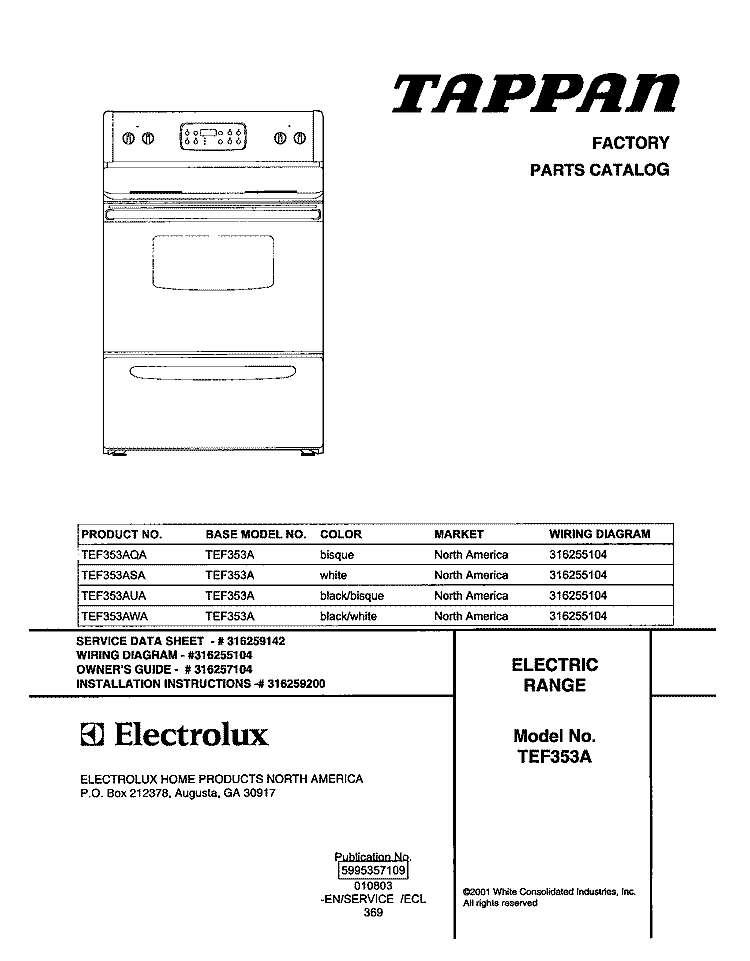 COVER Diagram and Parts List for TEF353AQA  Tappan Range