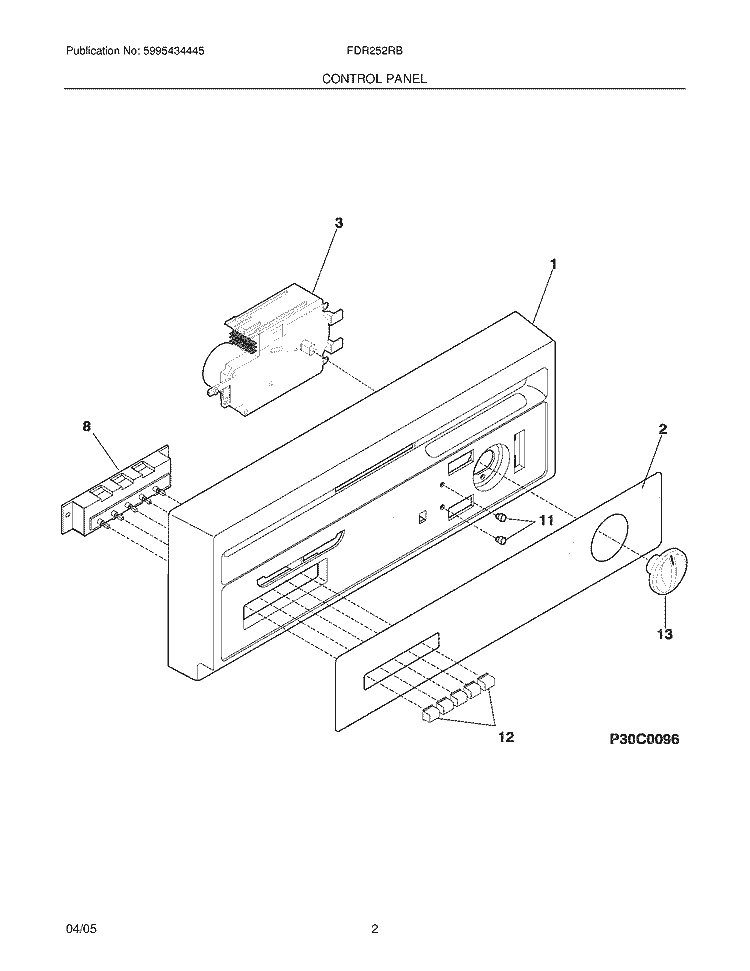 CONTROL PANEL Diagram and Parts List for FDR252RBS2  Frigidaire Dishwasher