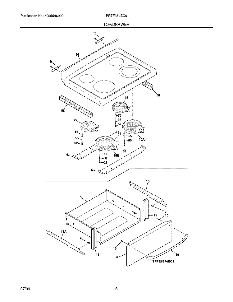 TOP/DRAWER Diagram and Parts List for PFEF374EC6  Frigidaire Wall Oven