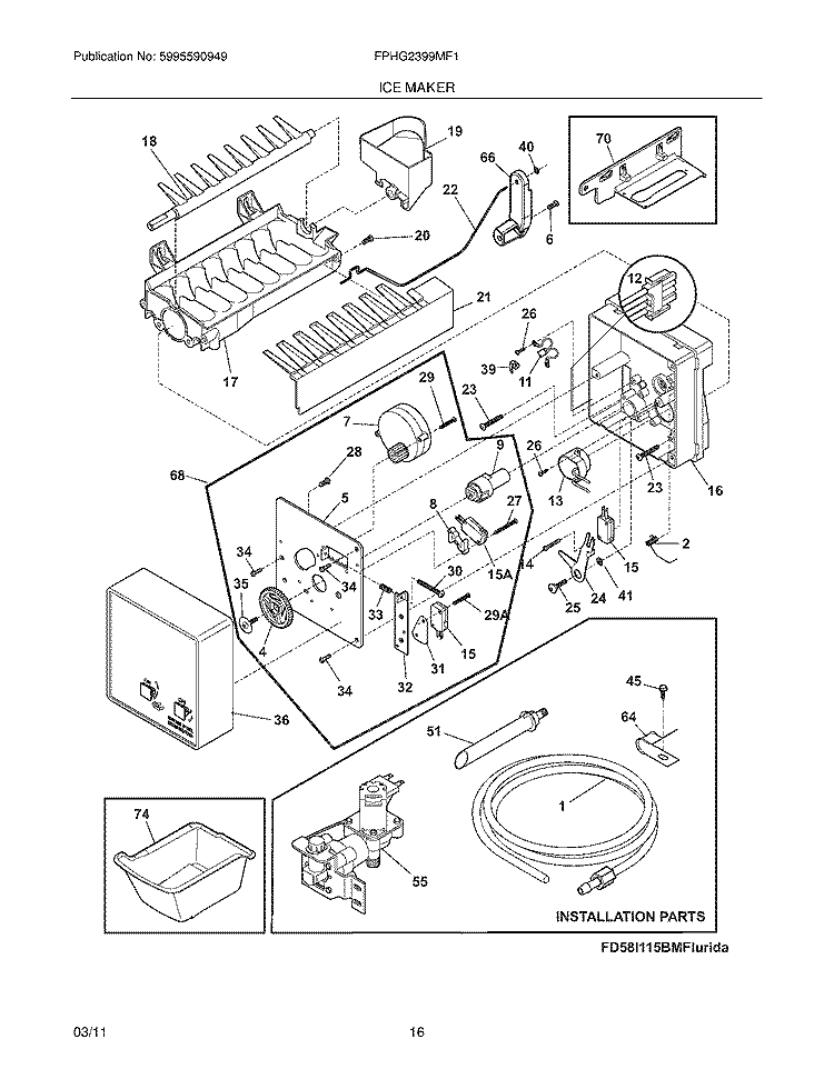 ICE MAKER Diagram and Parts List for FPHG2399MF1  Frigidaire Refrigerator