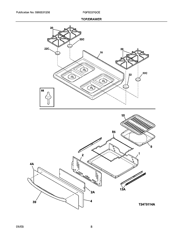 TOP/DRAWER Diagram and Parts List for FGFB337GCE  Frigidaire Range