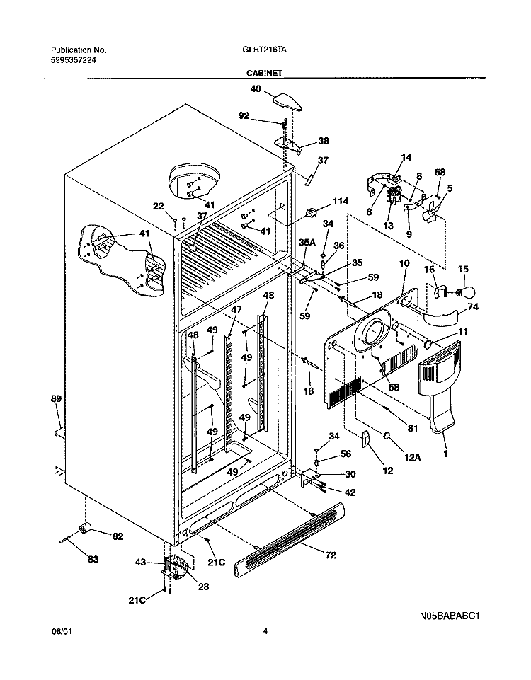 CABINET Diagram and Parts List for GLHT216TAB0  Frigidaire Refrigerator
