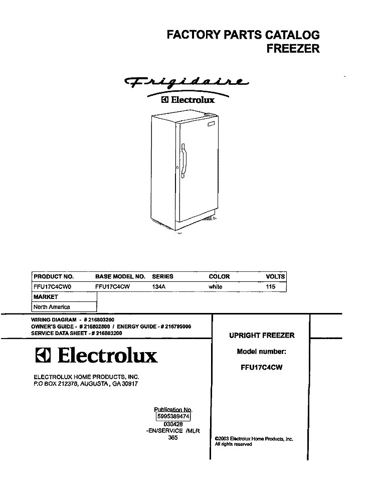 COVER Diagram and Parts List for FFU17C4CW0  Frigidaire Freezer