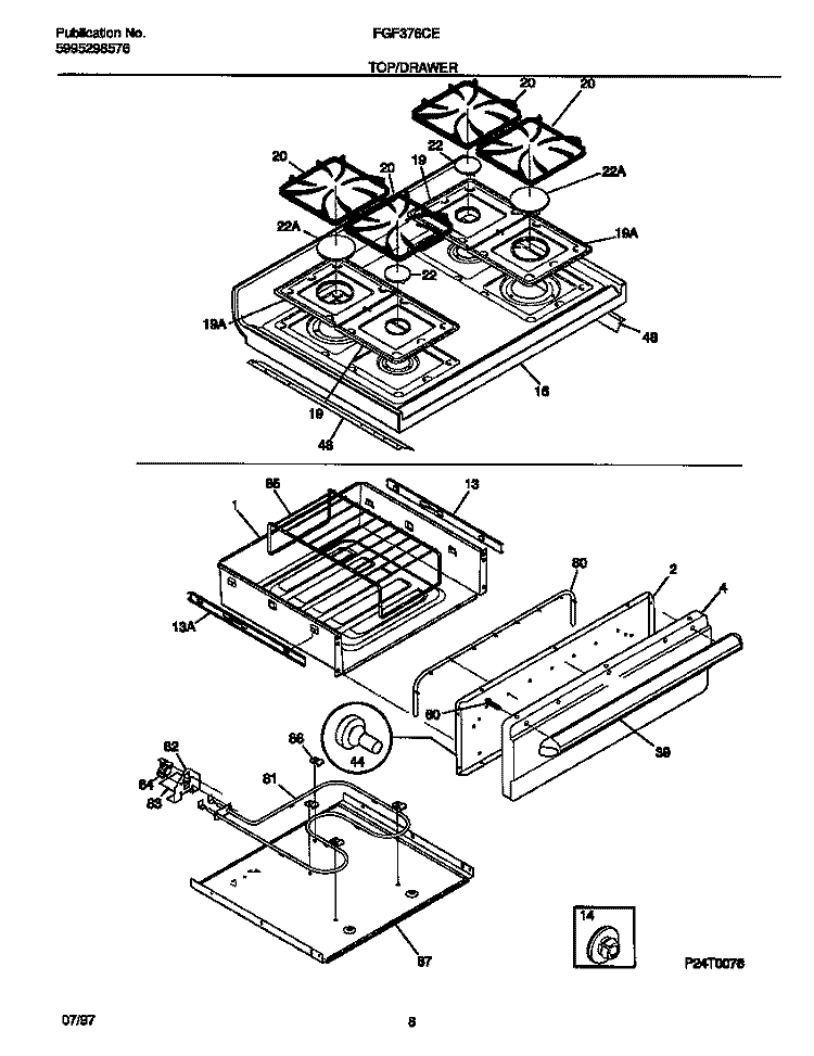 TOP / DRAWER Diagram and Parts List for FGF376CETE  Frigidaire Range