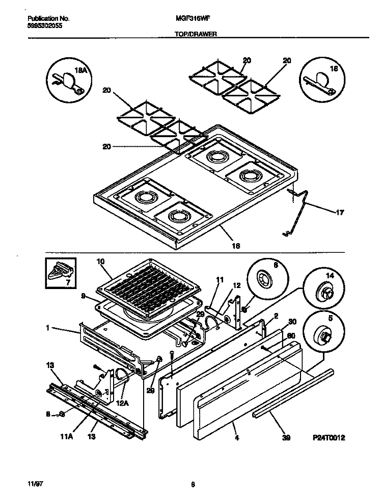 TOP / DRAWER Diagram and Parts List for MGF316WFSC  Frigidaire Range
