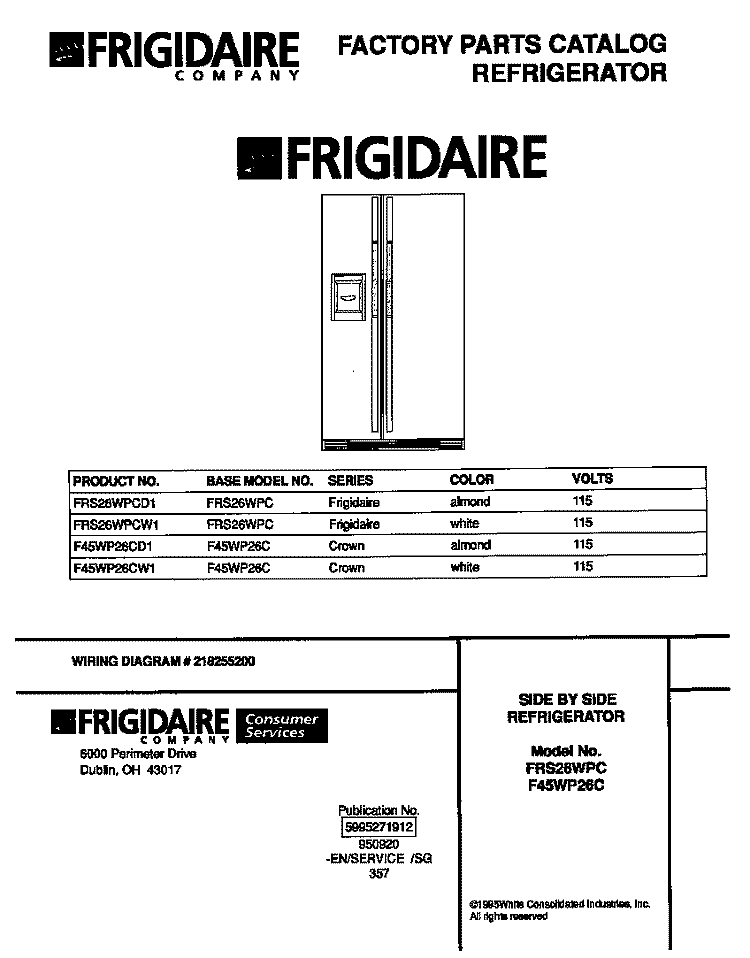 COVER Diagram and Parts List for F45WP26CW1  Frigidaire Refrigerator