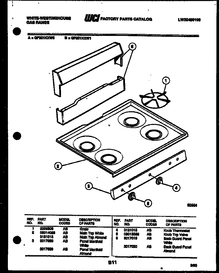 BACKGUARD AND COOKTOP PARTS Diagram and Parts List for GF201KXD1  Frigidaire Range