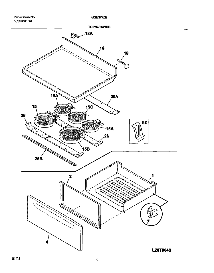 TOP / DRAWER Diagram and Parts List for GSE3WZBQB  Frigidaire Range