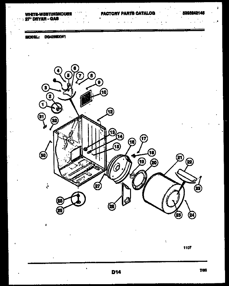CABINET AND COMPONENT PARTS Diagram and Parts List for DG400SXW1  Frigidaire Dryer