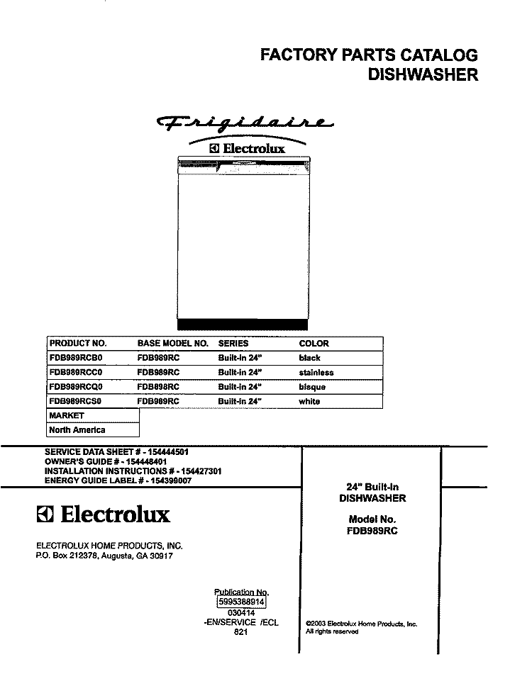 COVER Diagram and Parts List for FDB989RCB0  Frigidaire Dishwasher