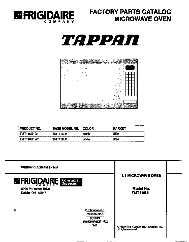 COVER Diagram and Parts List for TMT116U1B0  Tappan Microwave