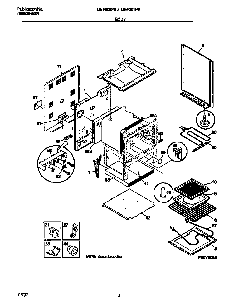 BODY Diagram and Parts List for MEF301PBDJ  Frigidaire Range