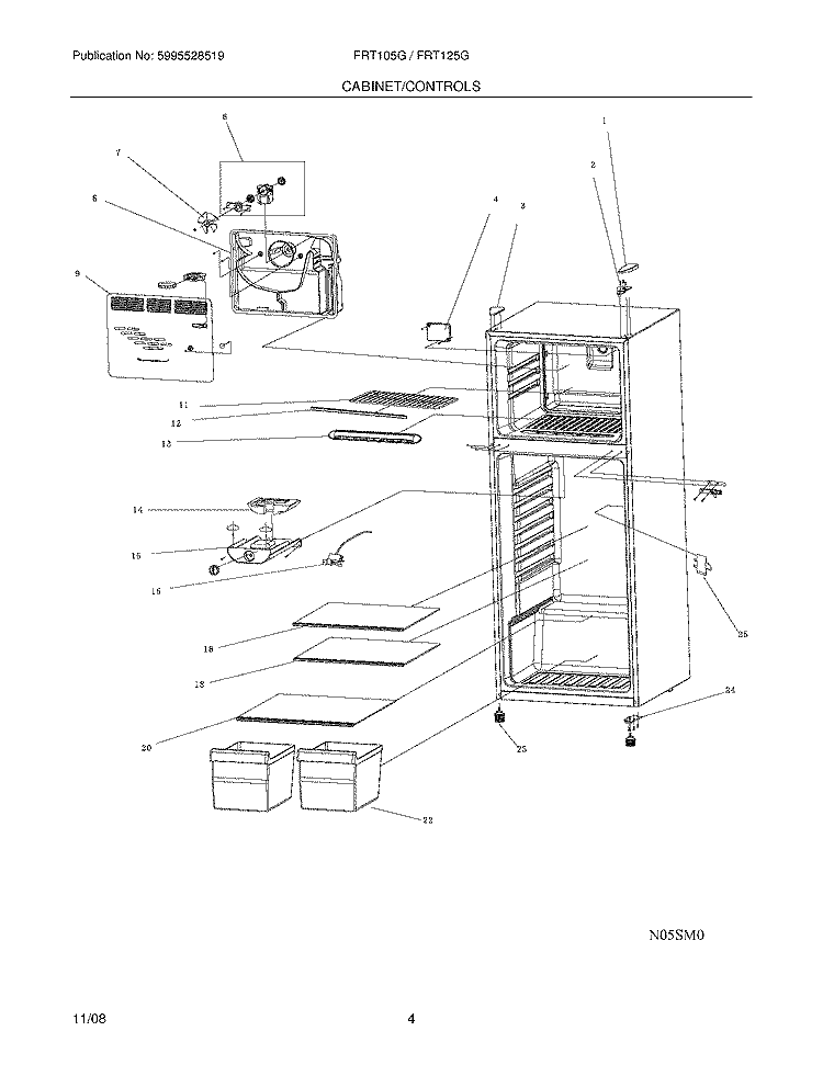 SHELVES/CONTROL Diagram and Parts List for FRT105GW0  Frigidaire Refrigerator