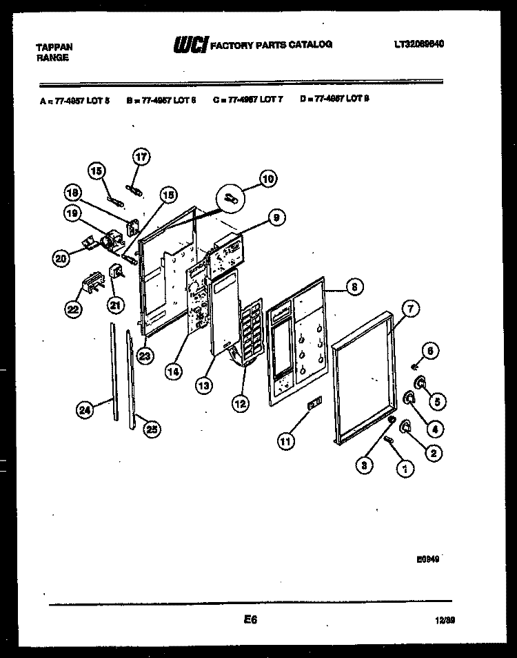 CONTROL PANEL Diagram and Parts List for 77-4957-00-08  Tappan Range