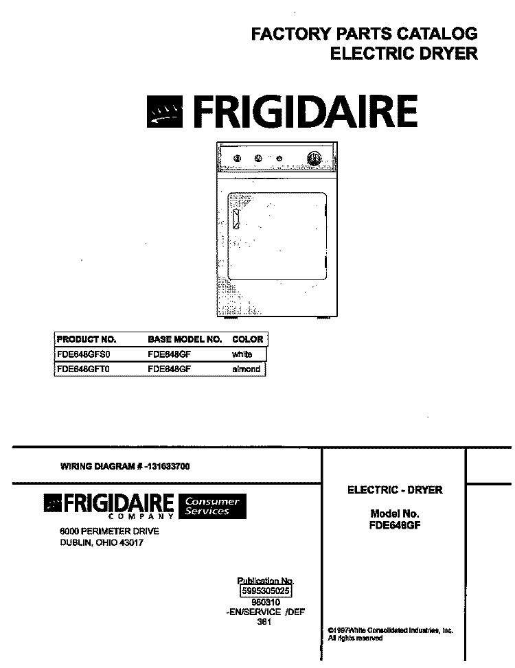 COVER Diagram and Parts List for FDE648GFT0  Frigidaire Dryer