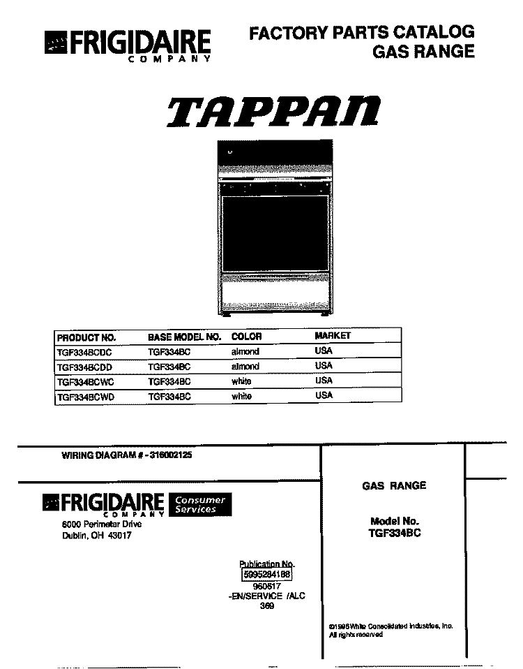 COVER Diagram and Parts List for TGF334BCWD  Tappan Range