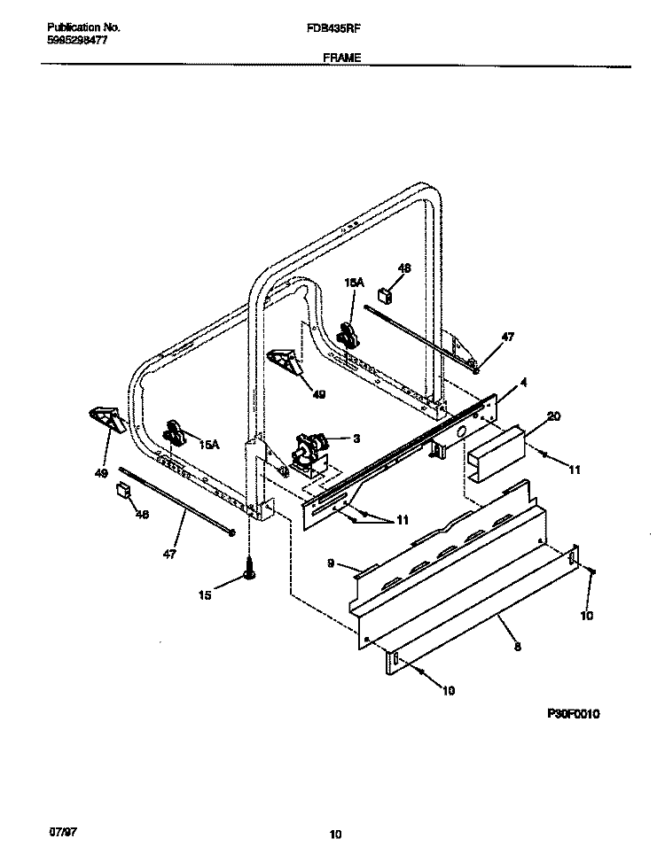 FRAME Diagram and Parts List for FDB435RFS0  Frigidaire Dishwasher