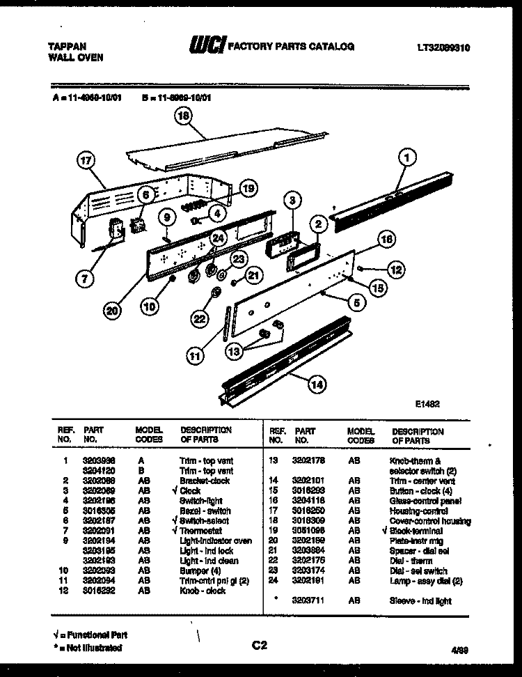 CONTROL PANEL Diagram and Parts List for 11-4969-00-01  Tappan Wall Oven