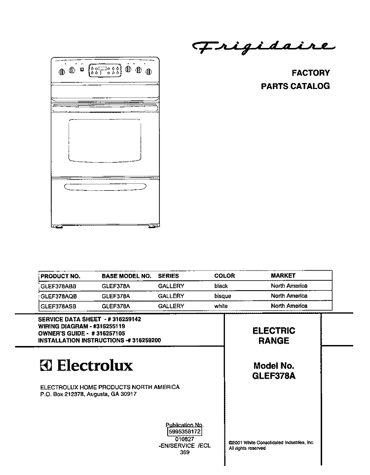 COVER Diagram and Parts List for GLEF378AQB  Frigidaire Range