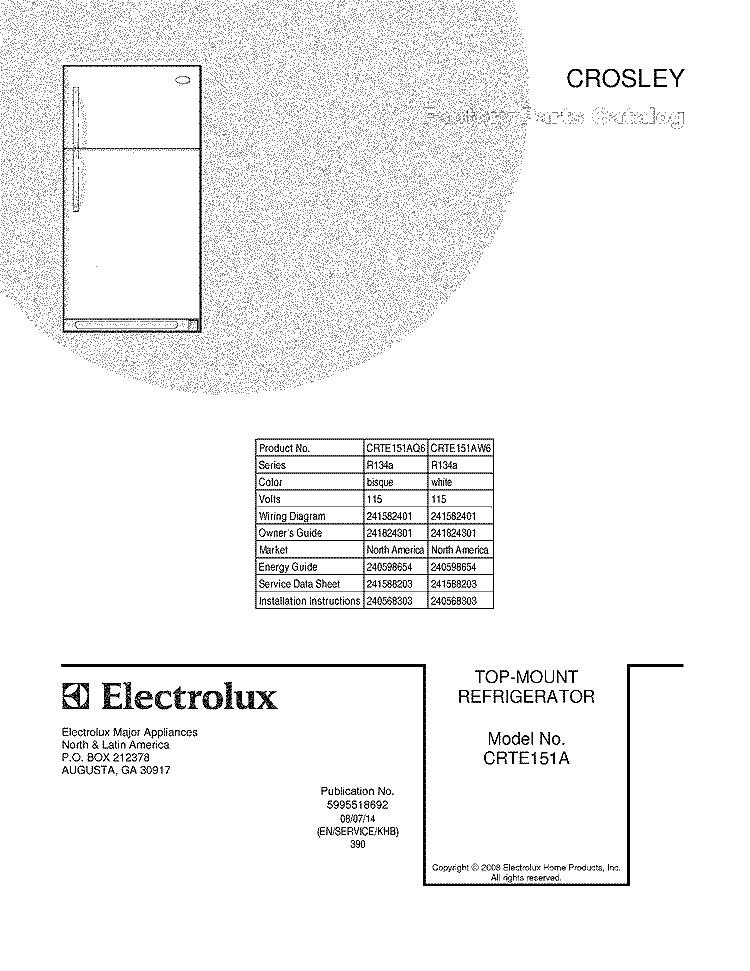 COVER Diagram and Parts List for CRTE151AQ6  Crosley Refrigerator