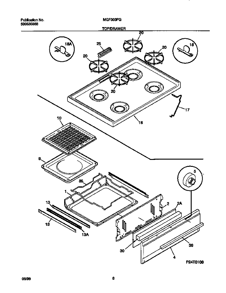 TOP / DRAWER Diagram and Parts List for MGF303PGDA  Frigidaire Range