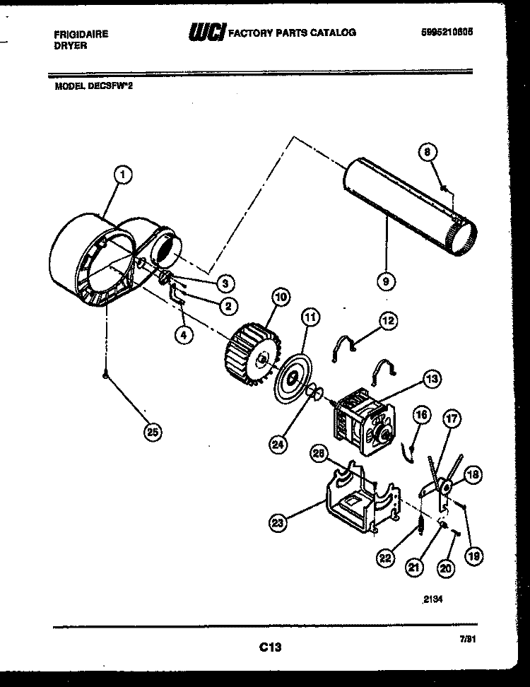 BLOWER AND DRIVE PARTS Diagram and Parts List for DECSFL2  Frigidaire Dryer