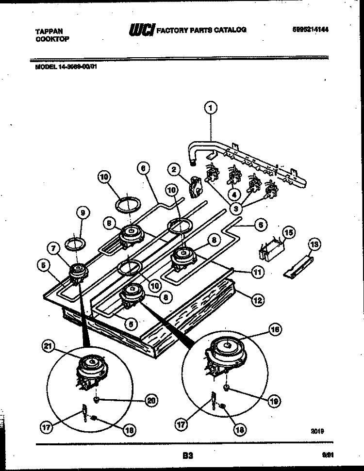 BURNER PARTS Diagram and Parts List for 14-3089-00-01  Tappan Cooktop