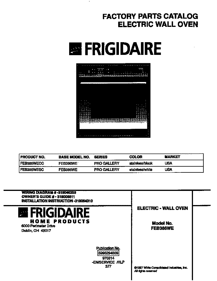 COVER Diagram and Parts List for FEB386WECC  Frigidaire Wall Oven