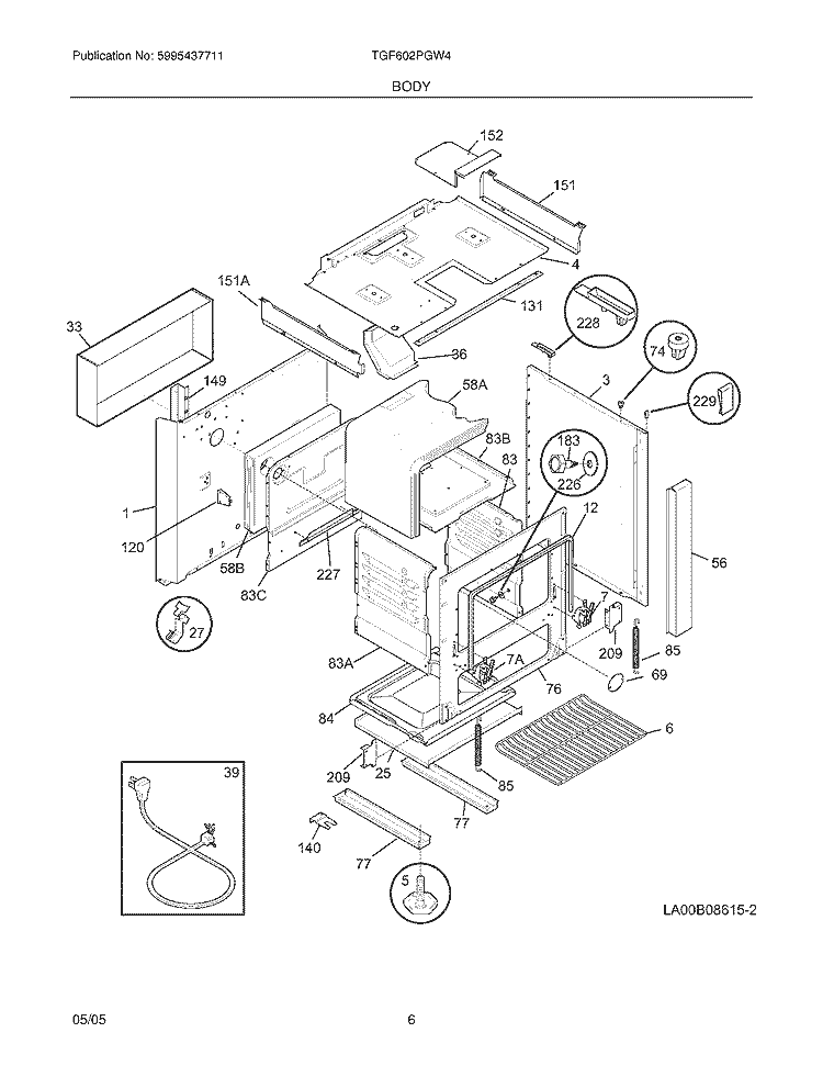 BODY Diagram and Parts List for TGF602PGW4  Tappan Range