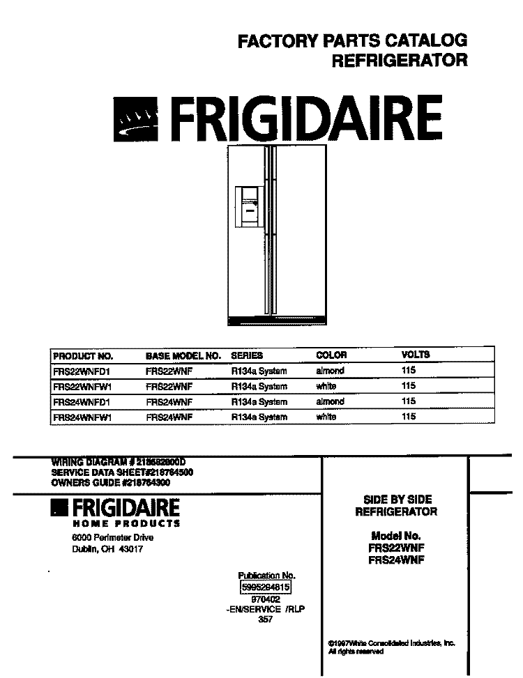 COVER Diagram and Parts List for FRS22WNFD1  Frigidaire Refrigerator