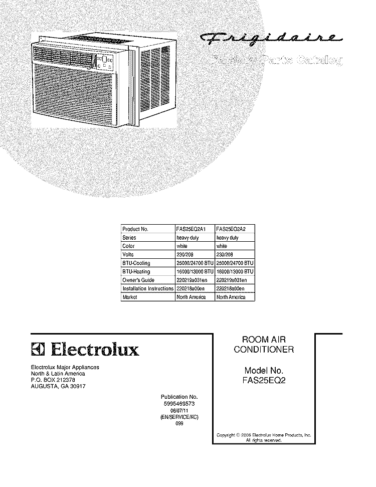 COVER Diagram and Parts List for FAS25EQ2A2  Frigidaire Air Conditioner