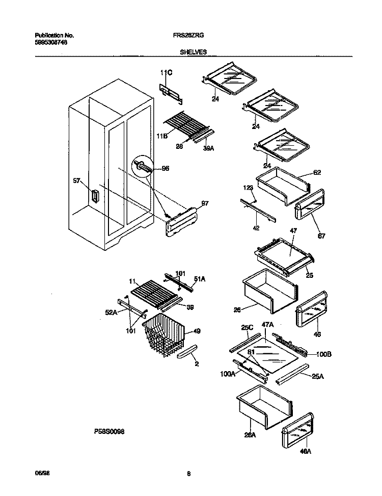 SHELVES Diagram and Parts List for FRS26ZRGW0  Frigidaire Refrigerator