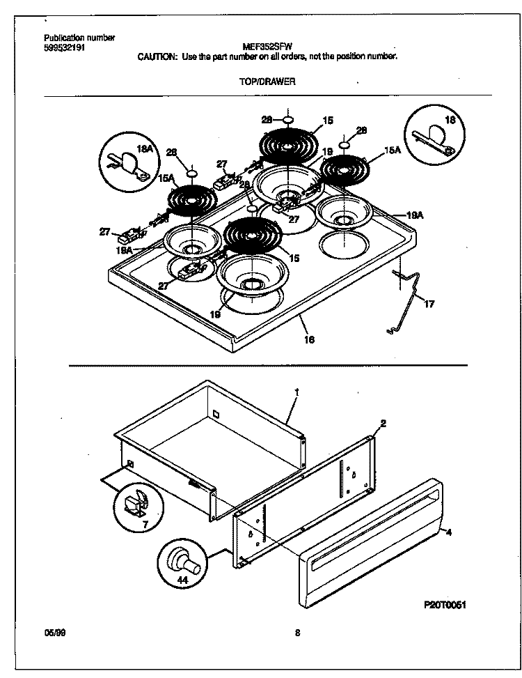 TOP / DRAWER Diagram and Parts List for MEF352SFWB  Frigidaire Range