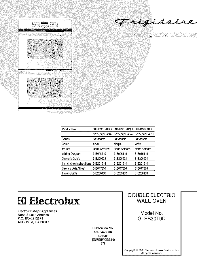 COVER Diagram and Parts List for GLEB30T9DQB  Frigidaire Wall Oven