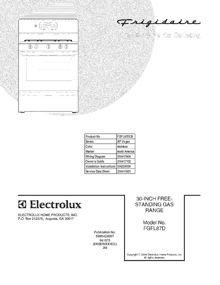 COVER Diagram and Parts List for FGFL87DCB  Frigidaire Range