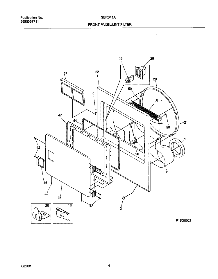 FRNT PNL, DOOR Diagram and Parts List for SER341AQ0  Westinghouse Dryer