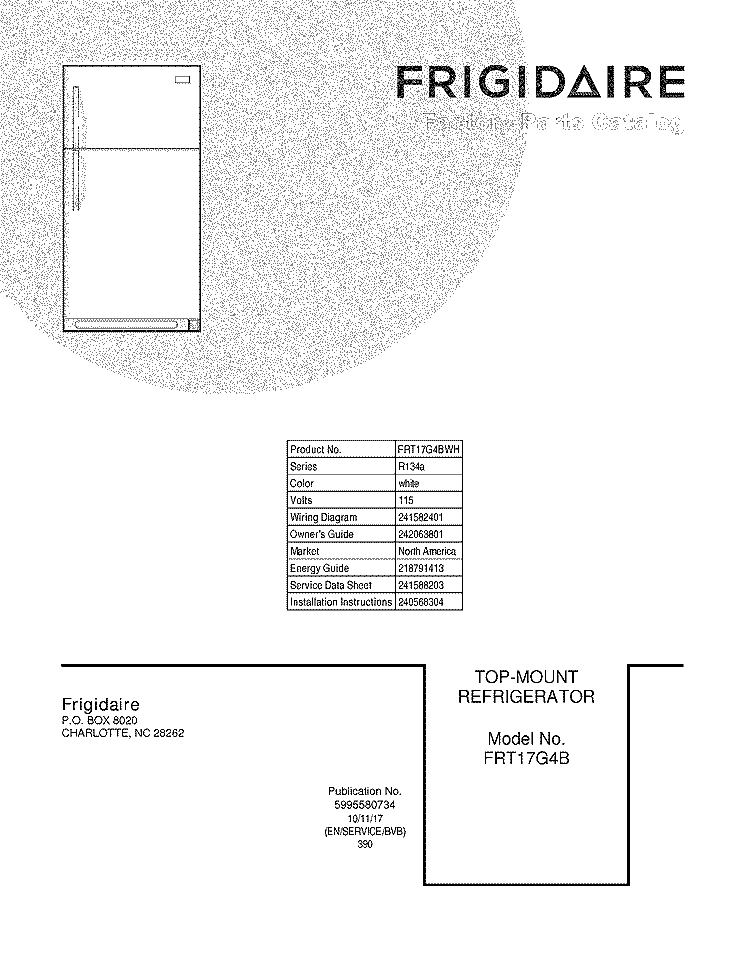 COVER Diagram and Parts List for FRT17G4BWH  Frigidaire Refrigerator