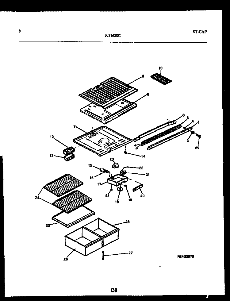 SHELVES AND SUPPORTS Diagram and Parts List for RT163SCW1  Frigidaire Refrigerator