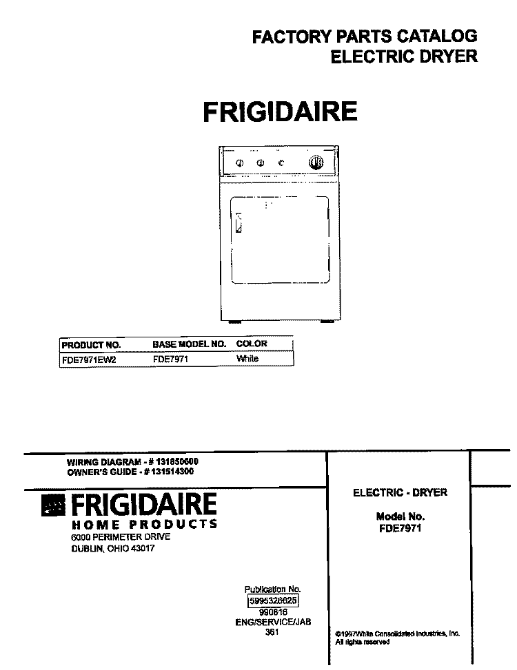 COVER Diagram and Parts List for FDE7971EW2  Frigidaire Dryer