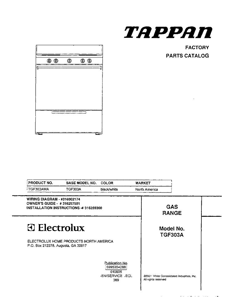 COVER Diagram and Parts List for TGF303AWA  Tappan Range