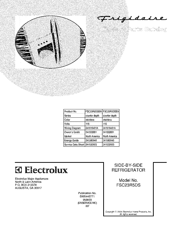 COVER Diagram and Parts List for FSC23R5DSB9  Frigidaire Refrigerator