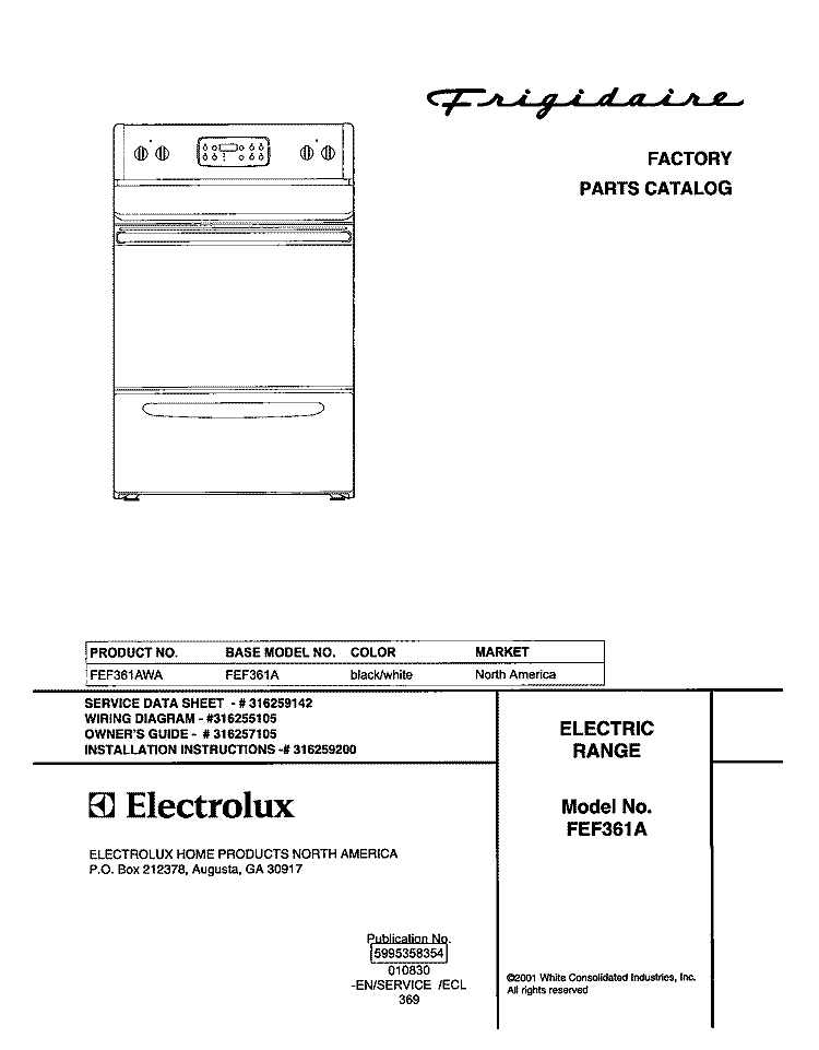 COVER Diagram and Parts List for FEF361AWA  Frigidaire Range