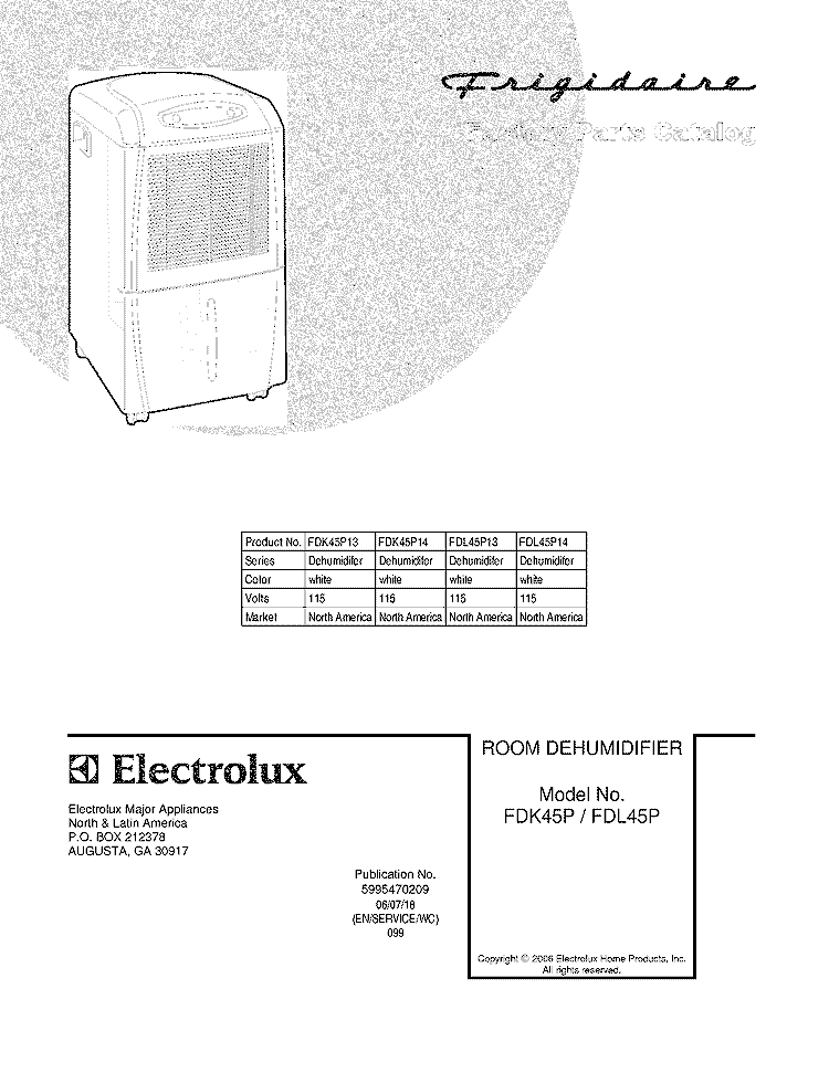 COVER Diagram and Parts List for FDK45P13  Frigidaire Dehumidifier