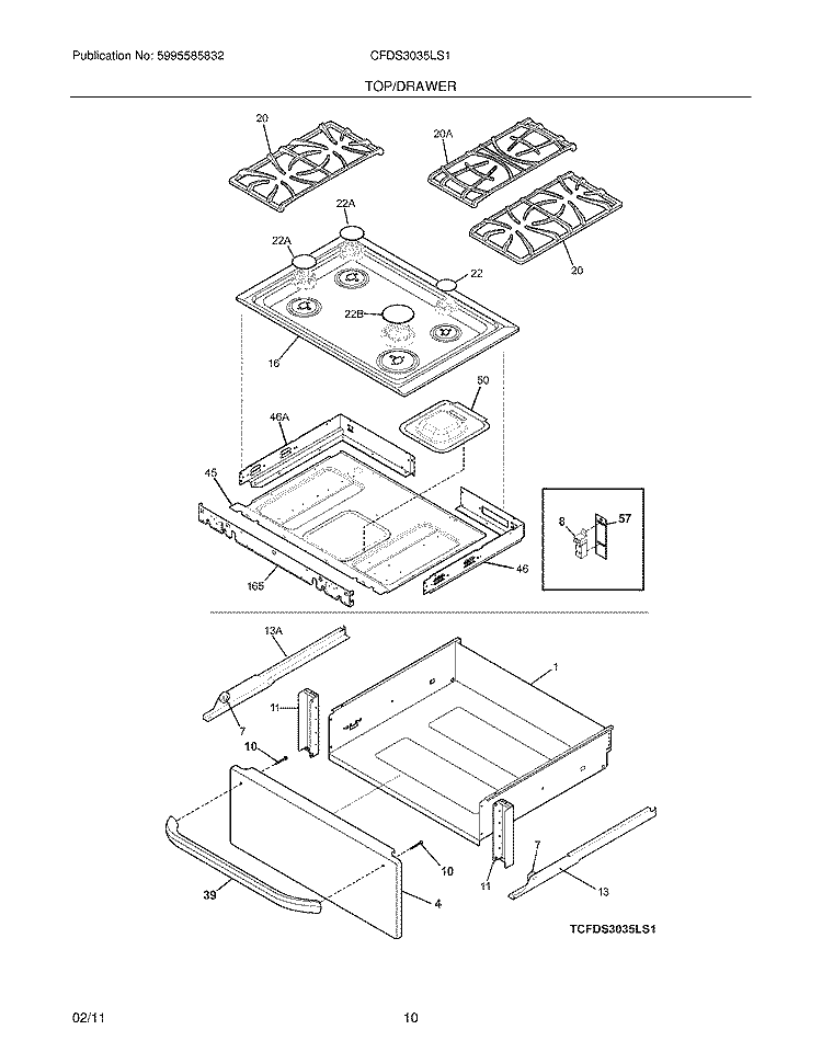 TOP/DRAWER Diagram and Parts List for CFDS3035LS1  Frigidaire Range