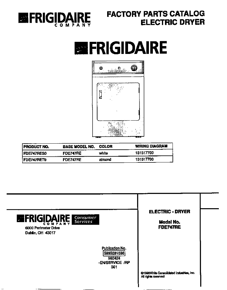 COVER Diagram and Parts List for FDE747RET0  Frigidaire Dryer