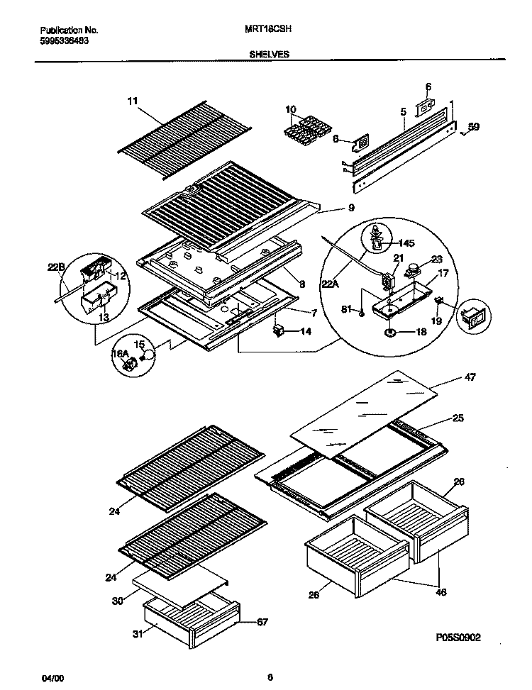 SHELVES Diagram and Parts List for MRT18CSHD0  Frigidaire Refrigerator
